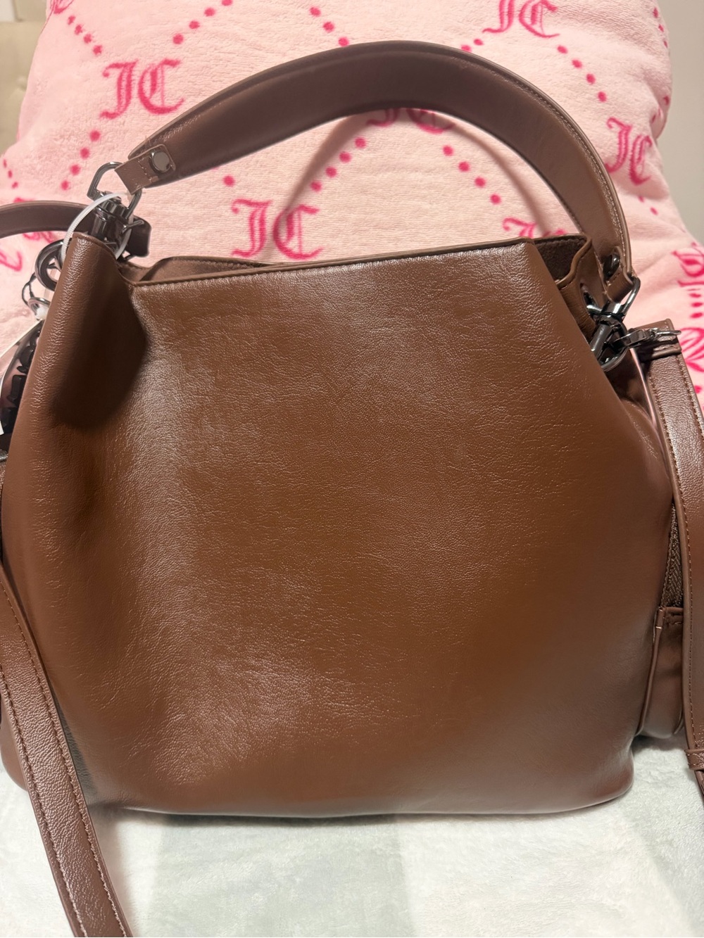 Steve Madden BKOLT Viral Chocolate Brown Leather Shoulder Satchel/Crossbody Bag - Picture 9 of 11
